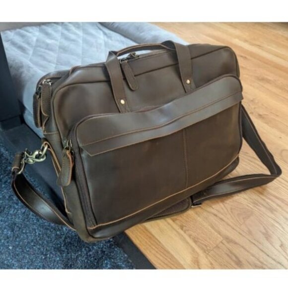 🆕Men Brown Fits 17.3 Inch Laptop Crossbody Shoulder Attached Leather Briefcase - Picture 1 of 12